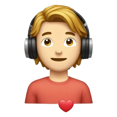 white 20yo guy, wearing a headphone, having a brown curtain mullet hair, smiling with closed eyes and holding a heart sticker