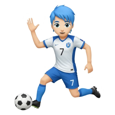 Stwórz emoji przedstawiające piłkarza ⚽ z niebieskimi włosami 💙, w koszulce z numerem 7 👕7, dynamiczna poza, energia i ruch ✨🔥 sticker