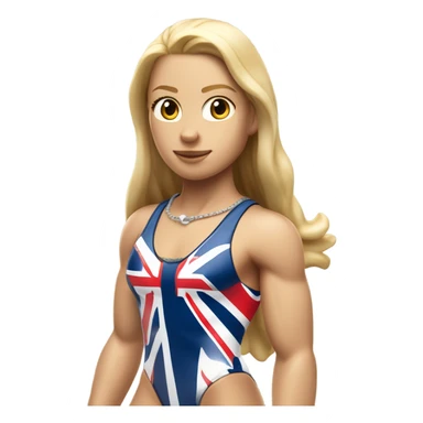 A girl with long blonde hair with wide shoulders wearing a Great Britain rowing swimming suit and has toned muscles and add a necklace that has a sea shell pendant on it. The necklace is around the neck and the pendant is on her chest sticker