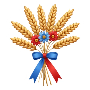 Create a clean, friendly emoji-style illustration of a Didukh, the traditional Ukrainian Christmas sheaf made of golden wheat.
The Didukh should look warm and festive, with neatly tied wheat stalks, a simple red-and-blue ribbon, and small decorative dried flowers.

 sticker