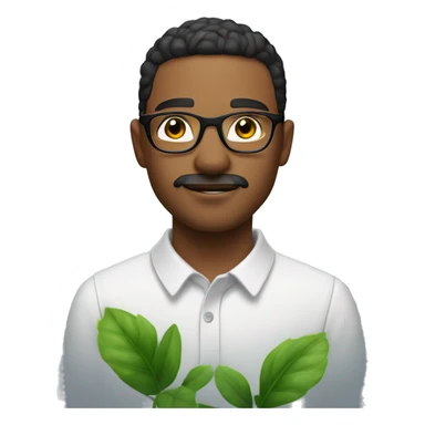 A young man with short, dark, slightly wet-looking hair, a trimmed mustache, and stubble. He wears round glasses that frame his focused eyes. The background has a frosty white blur effect, with a green plant behind him. sticker