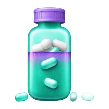 white pill bottle with teal medicine capsule, sparkles and texture light purple sticker