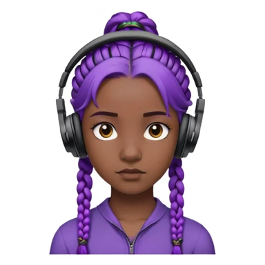 "- Nữ
- 15 tuổi
- Da đen
- Tóc tết, màu tím
- Mặt nghiêm túc
- Đeo tai nghe đen
" sticker