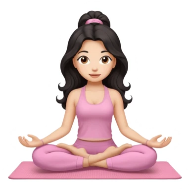 Black long curled hair and brown eyes yoga beautiful girl in light pink clothes sitting on a yoga mat sticker