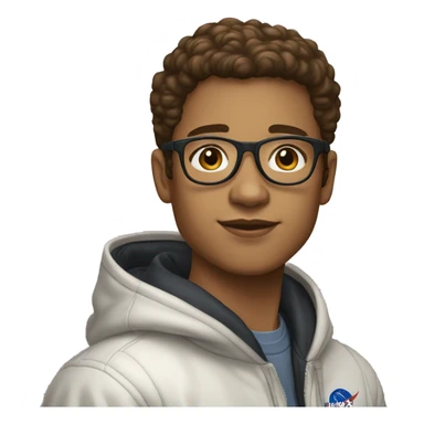 light skin boy with short brown hair to one side, beauty mark,, and pilot glasses in a nasa hoodie sticker