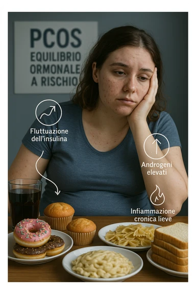 Donna tra i 25 e i 35 anni, seduta a tavola con un’espressione stanca e gonfia. Sul tavolo ci sono alimenti sbagliati per la sua condizione: dolci raffinati, pane bianco, pasta, bibite zuccherate. Intorno al suo corpo si vedono elementi simbolici che rappresentano gli effetti della PCOS peggiorata: insulina fluttuante, androgeni elevati, infiammazione bassa cronica. La sua pelle appare acneica, gonfiore addominale visibile, sguardo affaticato. Sullo sfondo, un cartello sfocato con scritto 'PCOS – equilibrio ormonale a rischio'. Stile realistico con elementi simbolici, toni freddi ma chiari in italiano sticker