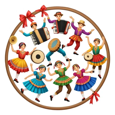 Humanless Icon for Folk Dance: traditional dance shoes, colorful folk costumes, and a dance circle with ribbons and musical instruments like a tambourine or accordion. The icon should represent the vibrant and cultural aspects of folk dancing. Transparent background. sticker