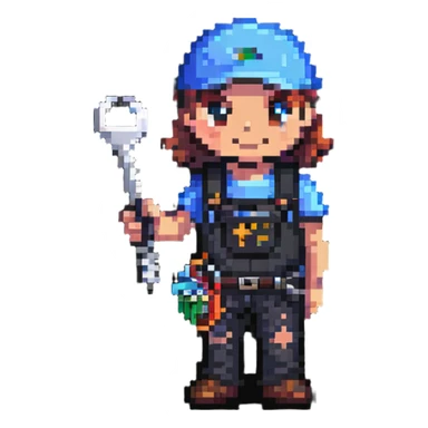 Bright colorful pixel art IT technician holding a car repair tool key sticker