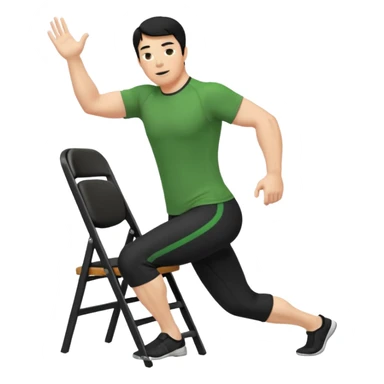 גבר זקן ג'ינג'י מלא כוסע שחור הפוך חולמה שחורה ומכנסיים ירוקות ארוכות מבצע תרגיל לאנג' בתמיכת כיסא מהצד שתי רגליים על הרצפה מח^זיק כיסא בידו sticker