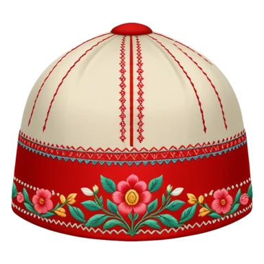 Fergana Valley style doppa hat with red base and floral designs sticker