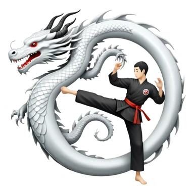 An icon symbolizing Eastern martial arts in the style of an emblem, featuring a black-and-white Yin-Yang symbol and a dragon at the center. A martial artist is performing a fluid kick, surrounded by elements like a dojo and bamboo. Transparent background highlights balance and power. sticker