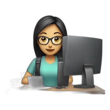developer girl with monitor and laptop sticker