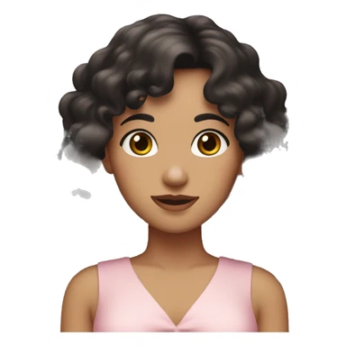 White woman with long black curly hair and bangs and dark brown eyes, wearing a pastel pink dress sticker