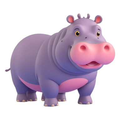 3D emoji style hippo, full body, walking, simple and cute, round features, expressive eyes sticker