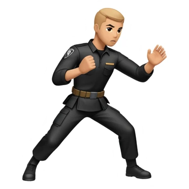A tactical Krav Maga figure in black uniform, blocking an attack with a defensive arm motion, serious expression, symbolizing real-world combat, minimal but strong design sticker