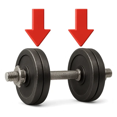 realistic dumbbell with thick red arrows pointing down, 3D effect, isolated on white background sticker