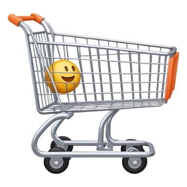 Create an emoji with a shopping cart. The design should be sleek and minimalistic, featuring a classic shopping cart with a simple frame and wheels. The cart should have a friendly, clean look with smooth lines, and it should appear dynamic and modern, with subtle details like the basket grid and handle sticker