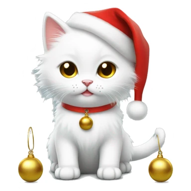 cute fluffy white kitten with a gold bell and a cute red santa hat sticker