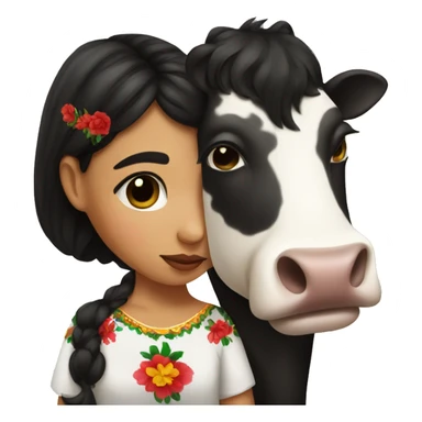 Mexican girl with dark hair kissing a cow sticker
