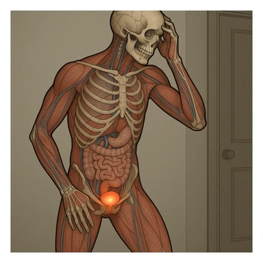 CORPO UMANO ANATOMICO CHE SI SVEGLIA LA NOTTE PER SVUOTARE LA VESCICA, VESCICA ANATOMICA IN EVIDENZA, SFONDO CHIARO NEUTRO sticker