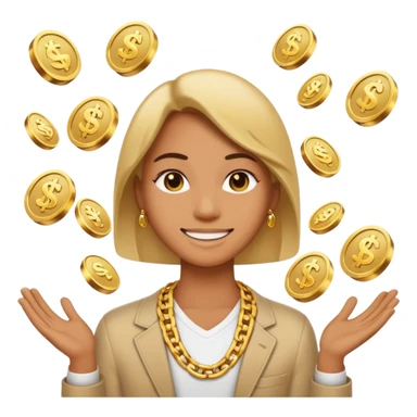 Confident digital creator with gold chain, subtle smile, money icons floating around, modern emoji style, minimal background sticker