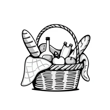 A wicker picnic basket with handle and contents like food items in pastel colors (dd9fb0, ffc6d3, a3bfc9, c4bee2, f1b091), hand-drawn doodle style sticker