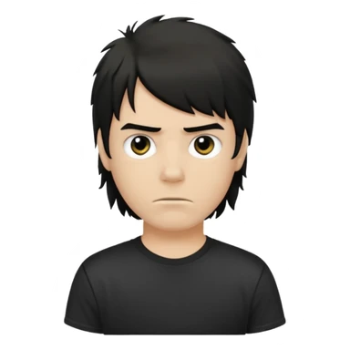 a light tan boy with messy a black mullet. wearing a black tshirt sticker