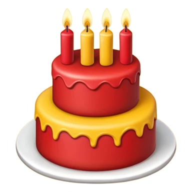 large red and yellow birthday cake with three candles, iOS emoji style, no background sticker
