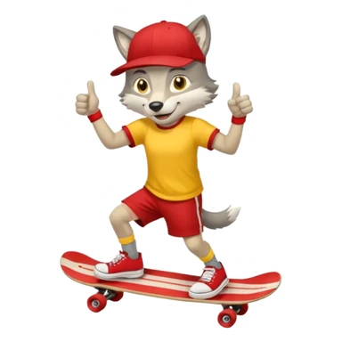 A gray wolf with large, expressive eyes and a friendly smile. The gray wolf is wearing a bright yellow T-shirt, red shorts, white knee socks, and sneakers. The baseball cap is worn backwards. The wolf holds a skateboard in one hand and gives a thumbs-up with the other, a confident and cheerful pose. sticker