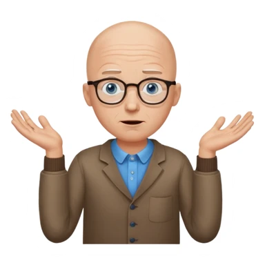 bald man with blue eyes and eye glasses shurgging with hands sticker