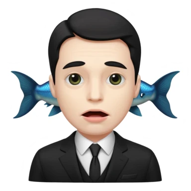 A man dressed in a black suit. His face is that of a fish — therefore, he has no human face. The fish’s face is positioned vertically, meaning its mouth is facing upward. sticker