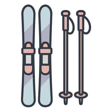 cross-country skis standing with poles leaning against skis, icon-color-outlined style, detailed shading, thin clean outlines, soft rounded features, pastel palette #98B5BC #B5B3C1 #C9A3C9 #E4C0CA #F7DCD1 #F7C0AA, Japanese pop art, sticker look, highly detailed, vector clarity, soft lighting, subtle shadows, transparent background sticker