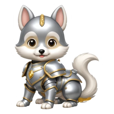 baby chibi dog in silver armor, full body, smile sticker