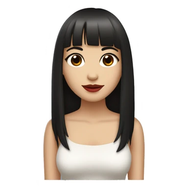 pretty girl with long black straight hair reaching below the armpits with bangs. red lips, brown eyes, white skin, almond shaped eyes  sticker
