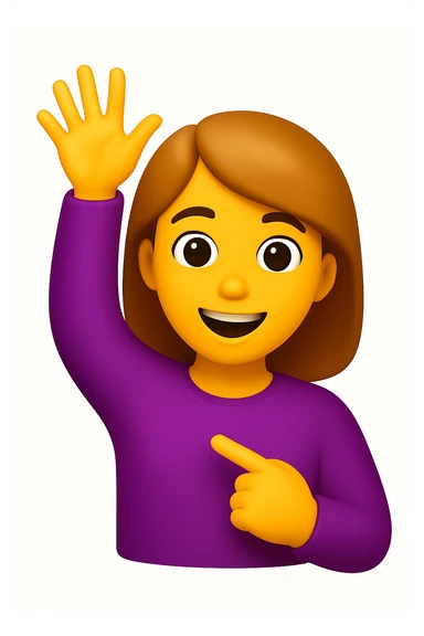 A 3D emoji in iOS emoji aesthetic style of a cheerful cartoon person raising one hand in the air while pointing to themselves with the other hand, smiling proudly, expressive and confident pose, glossy Apple-style design, clean white background
 sticker