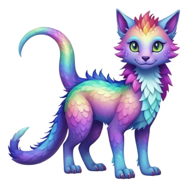 Kawaii dark rainbow iridescent fantasy ethereal feline-vernid-sergal-fursona animal creature with a tufted tail full body with intricate markings sticker