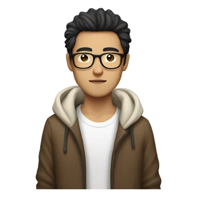 Skinny Asian man, Dark fluffy hair with middle part , round glasses , white tshirt with brown jacket sticker