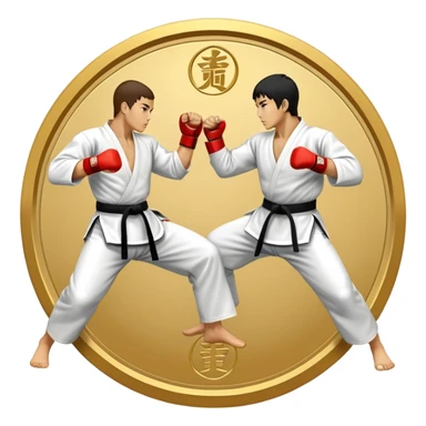 Round emblem symbolizing striking martial arts. The emblem features two fighters in dynamic stances, one delivering a powerful punch while the other defends with a block. In the center, a stylized fist and foot crossed to represent the essence of striking.  sticker