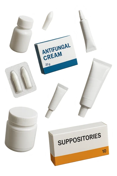 boccette di farmaci fluttuano in aria: creme, ovuli o antimicotici, IPERREALISTICO 4K sticker