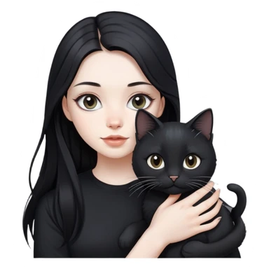 beautiful girl with long black hair wearing a black shirt holding a silver-colored cat sticker