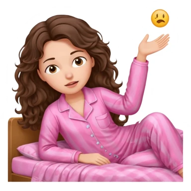 aestethic brunette wavy hair, waking up with a pink pajama sticker