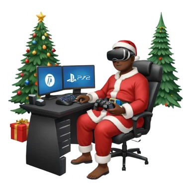 Informaticien homme noir full-body, week-end détente, assis à son bureau moderne avec ordinateur affichant du code. Il porte un casque VR et tient une manette PS 2025. À côté de lui, le Père Noël souriant, sapin illuminé et cadeaux autour. sticker
