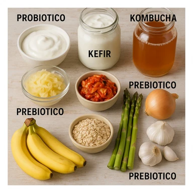 Add Italian labels directly on the image: "Probiotico" next to yogurt, kefir, sauerkraut, kimchi, kombucha; "Prebiotico" next to bananas, oats, asparagus, onion, garlic. Maintain a realistic and informative style in the edits. sticker