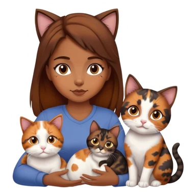 Girl brown hair with two cats one calico and one turtleshend, brown Colors and cute  sticker