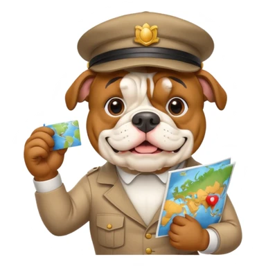 english bulldog as a cheerful tour guide, wearing a hat and holding a map sticker