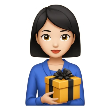 asian woman short hair tanned, holding with black present - emoji style sticker