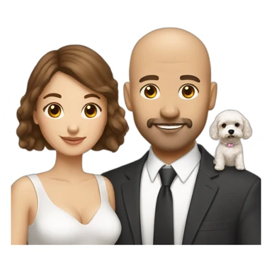 a bald man and brown straight haired woman with white maltipoo sticker
