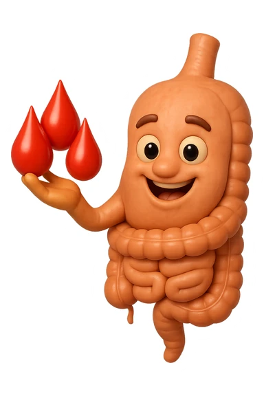 emoji stile iphone 3d di stomaco e intestino collegati verticalmente con 3 gocce di sangue 3d in mano, iperrealistiche 4k sticker