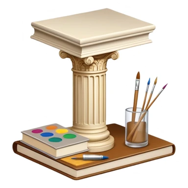 An icon featuring a paint palette, a sculpture, and a book, symbolizing the study of culture and art. The design includes a classical column and a canvas, representing art history and cultural exploration. Transparent background highlights the connection between creativity and history. sticker