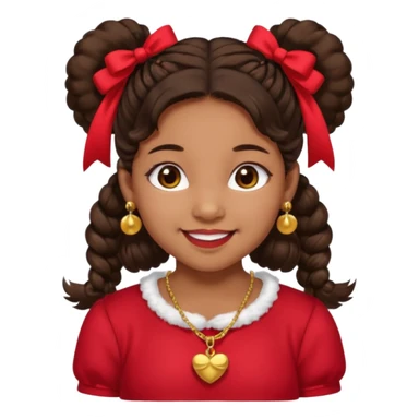 Brownskin girl dark brown hair fluffy. pigtails with red bows brown eyes smiling closed mouth red shirt gold esrrings gold necklace sticker